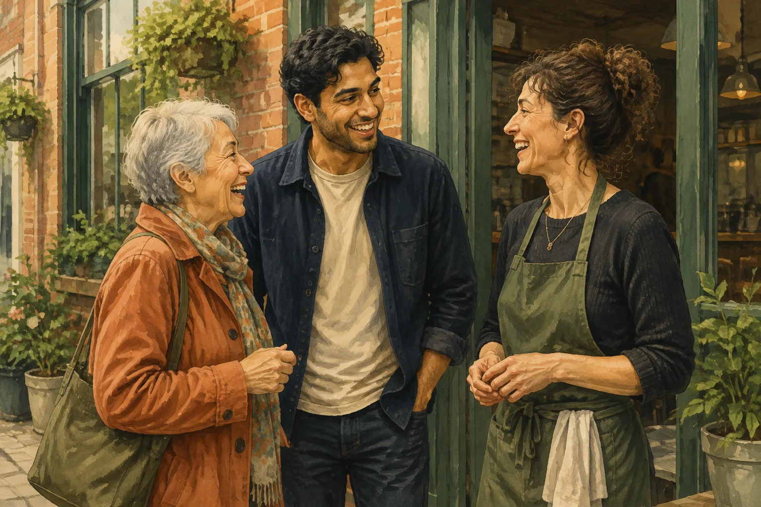 Illustration of neighbours chatting outside a local café.